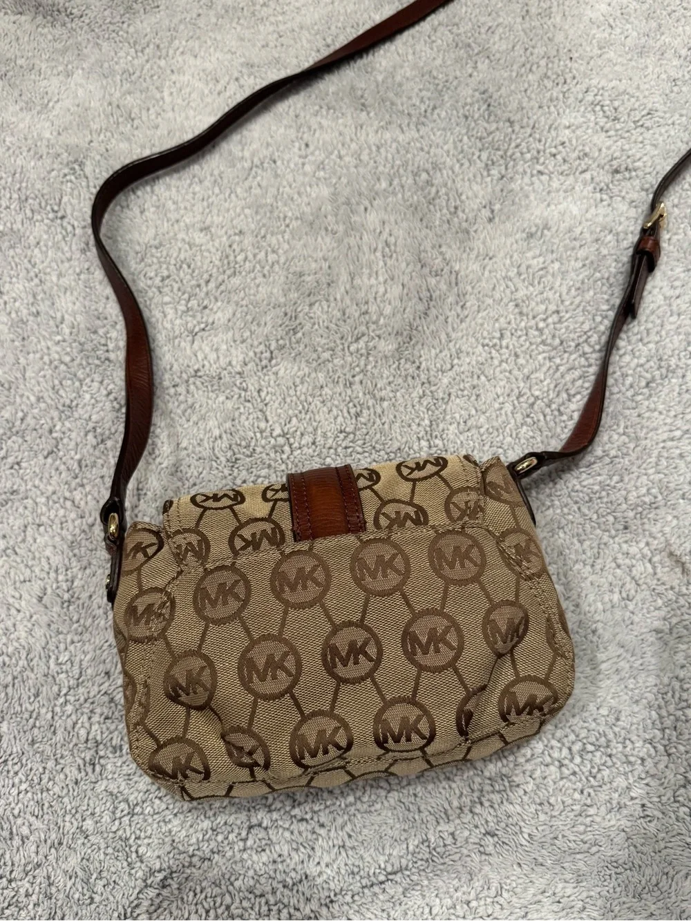 Michael Kors Beige and Brown Logo Crossbody with Gold Hardware